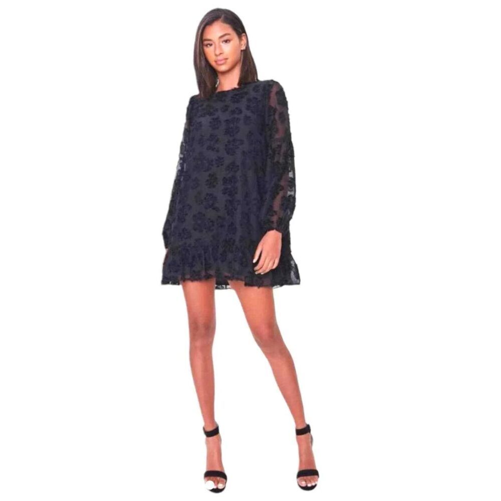 Forever 21 Black Floral Textured Sheer Balloon Sleeve Babydoll Mini Dress S NWT